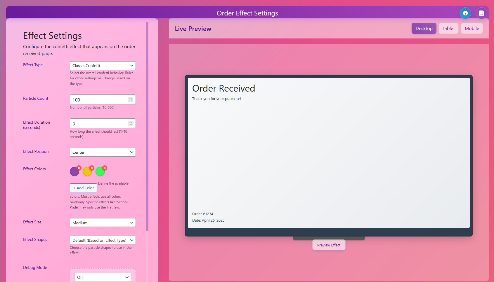 Effect Preview - Confetti and fireworks animation examples across devices