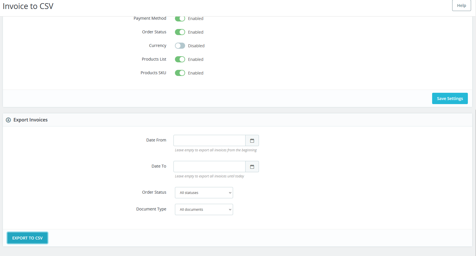Export Fields - Detailed selection for invoices, credit notes, and products